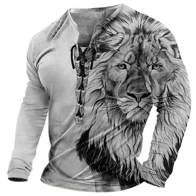 🦁🦁🦁 Pánské volné tričko s dlouhým rukávem a 3D potiskem