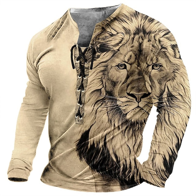 🦁🦁🦁 Pánské volné tričko s dlouhým rukávem a 3D potiskem