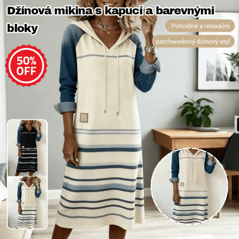 🔥【S-3XL】Nová oblíbená džínová mikina s kapucí v barevných blokech z roku 2026
