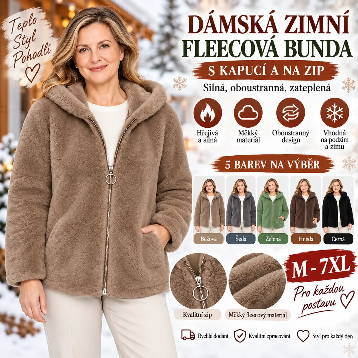 🔥50% SLEVA ✨【M–7XL】Dámská zimní zateplená bunda, silný oboustranný fleece, s kapucí, na zip