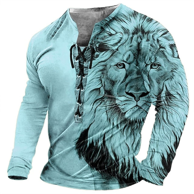 🦁🦁🦁 Pánské volné tričko s dlouhým rukávem a 3D potiskem
