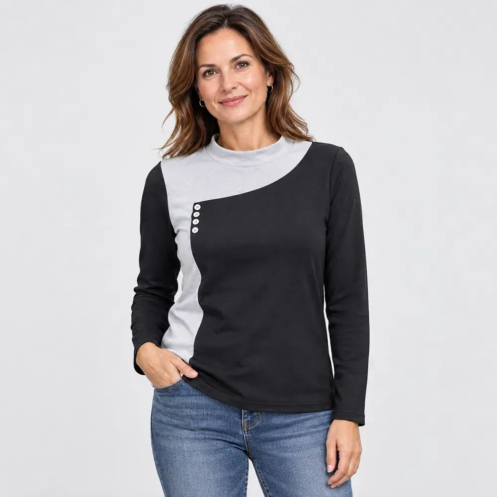 ✨【M–3XL / 6 barev】Barevně kombinovaná halenka se stojáčkem a ozdobnými knoflíky (lehký hřejivý fleece)