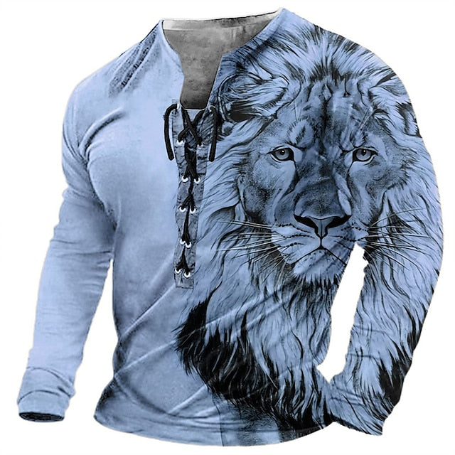 🦁🦁🦁 Pánské volné tričko s dlouhým rukávem a 3D potiskem