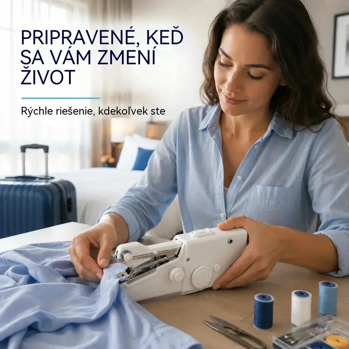🧵【48 příslušenství】Přenosný ruční šicí stroj – rychlá oprava látek, kompaktní, bezšňůrový, ideální pro lemování a jemné látky.